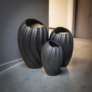 طق مفازات بوهيمي جبص مدور محزز بيج/اسود بوهيمي 3 قطع طقم مزهريات